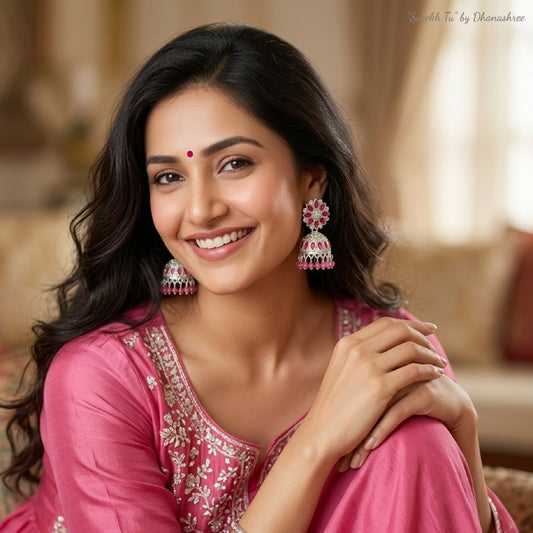 Rani Pink Silver Toned Floral Jhumki