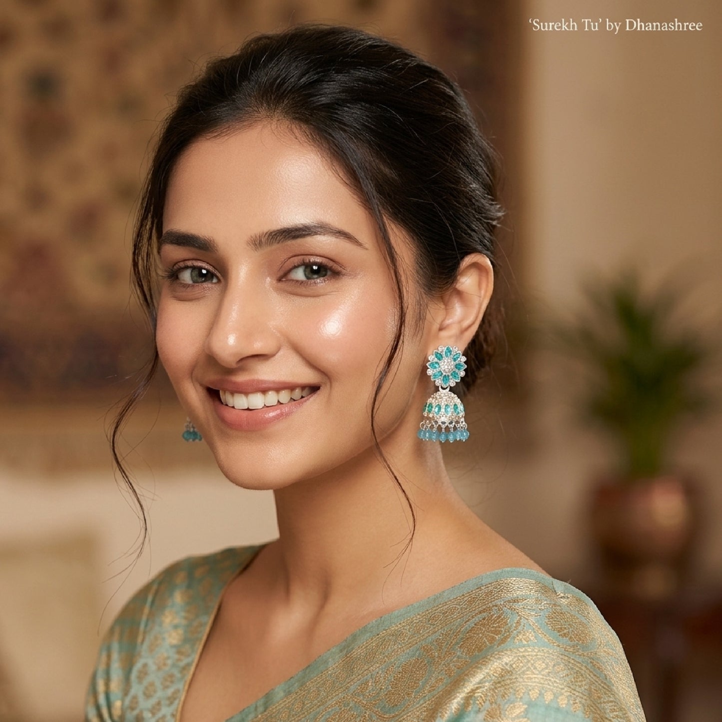 Turquoise Blue Silver Toned Floral Jhumki
