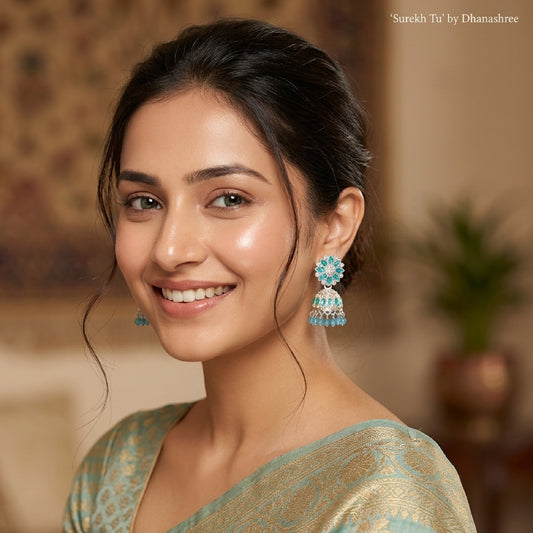Turquoise Blue Silver Toned Floral Jhumki
