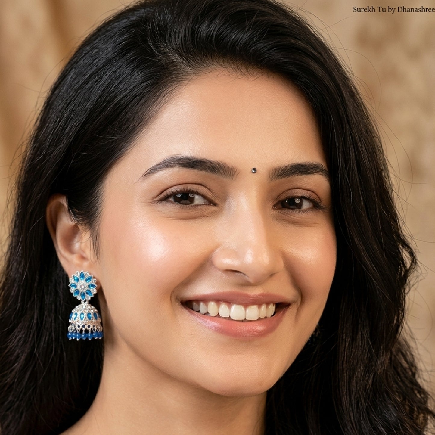 Blue Silver Toned Floral Jhumki