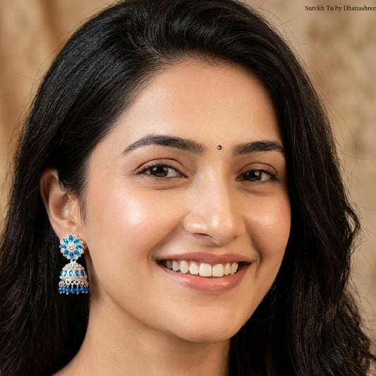 Blue Silver Toned Floral Jhumki