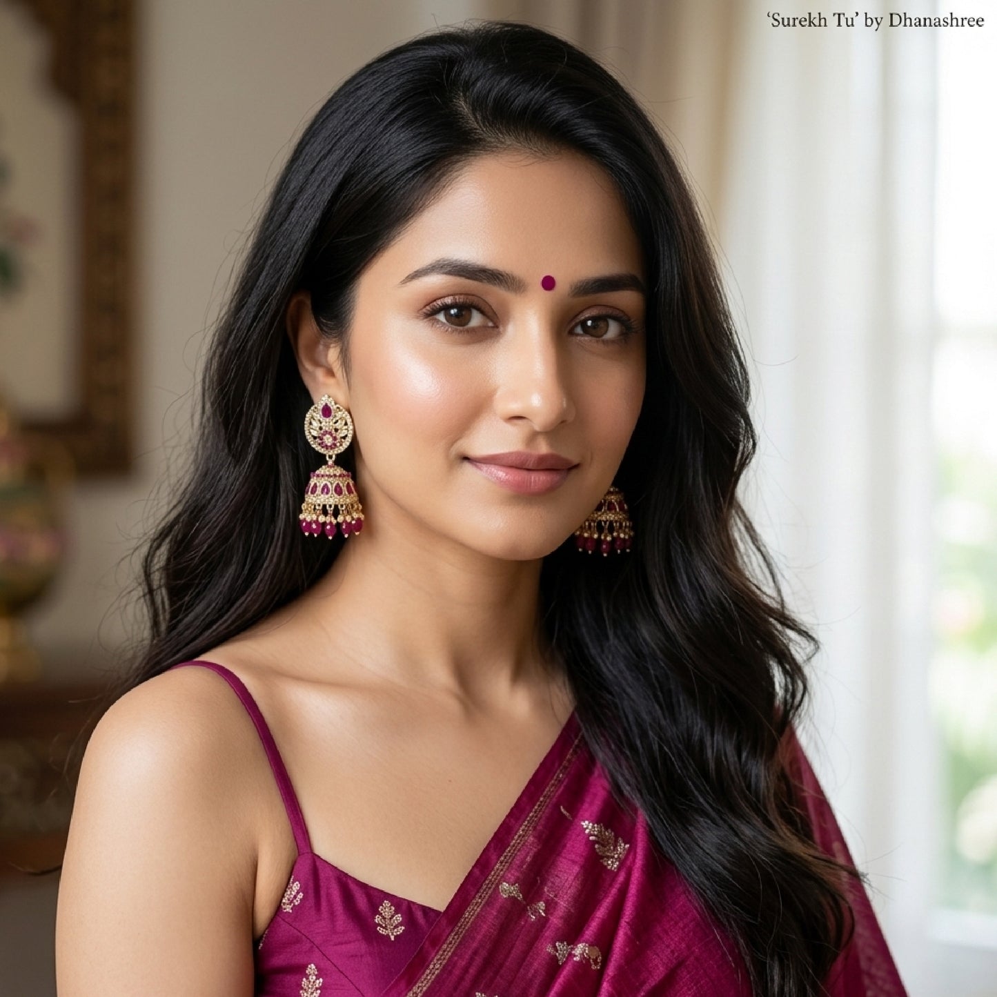 Magenta Silver Kundan Styled Stone Jhumki