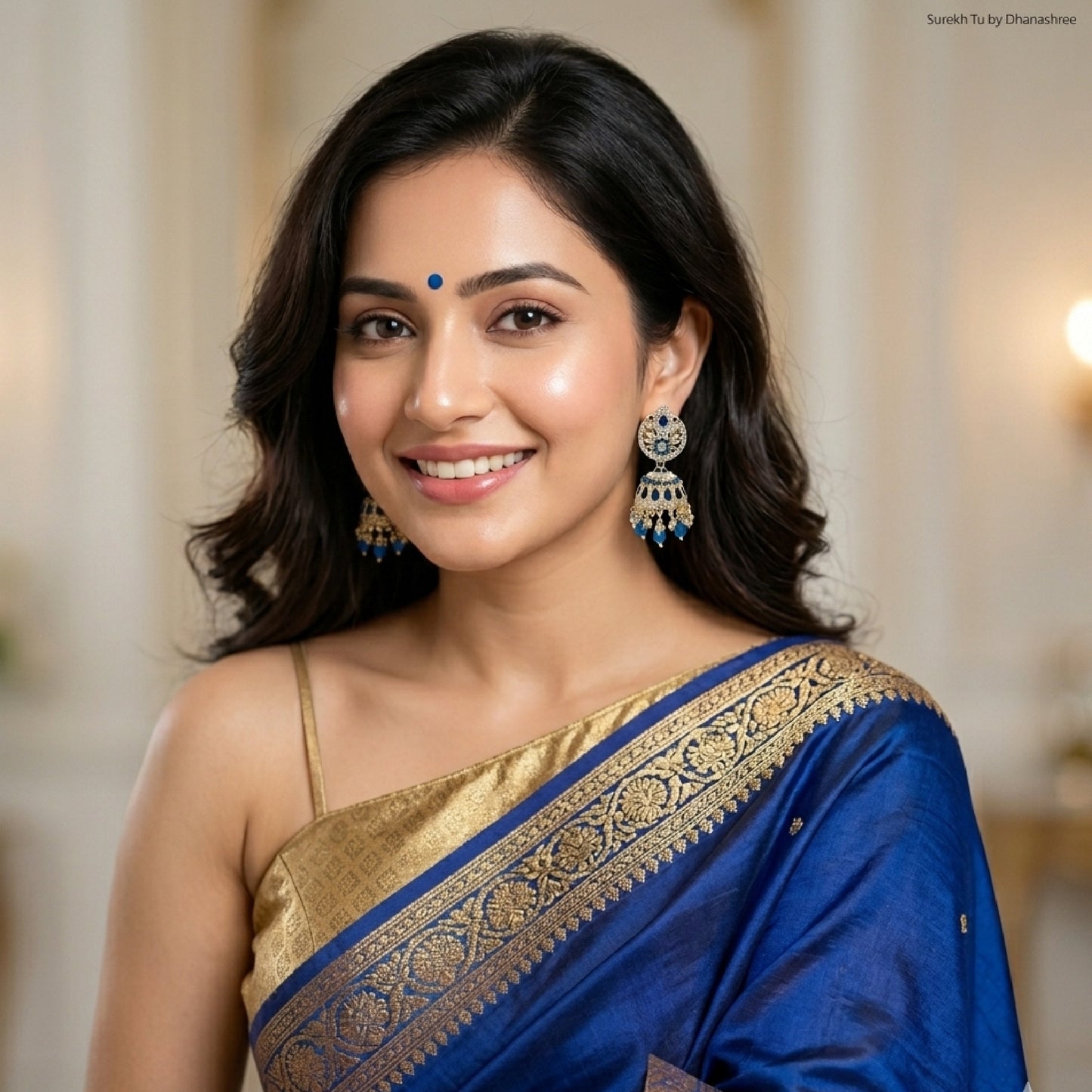 Peacock Blue Silver Kundan Styled Stone Jhumki