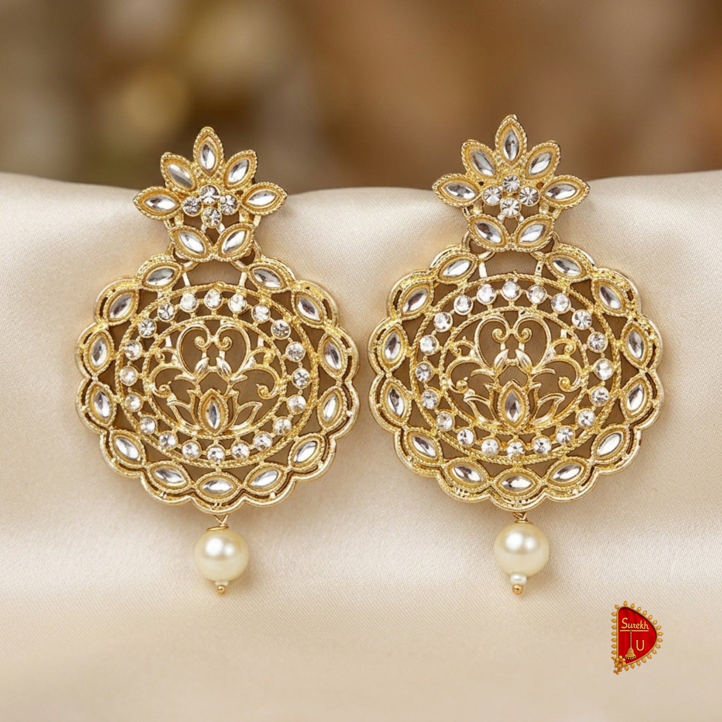 Golden Silver Stones Pearl Chandbali