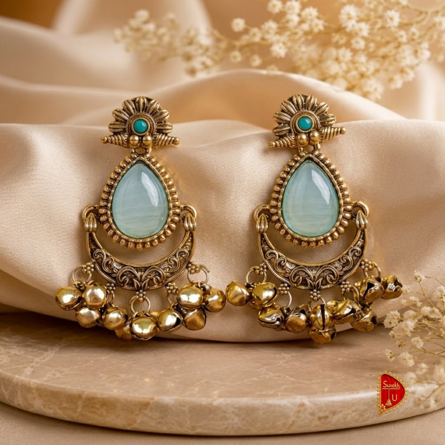 Seafoam Green Antique Ghungroo Chandbali