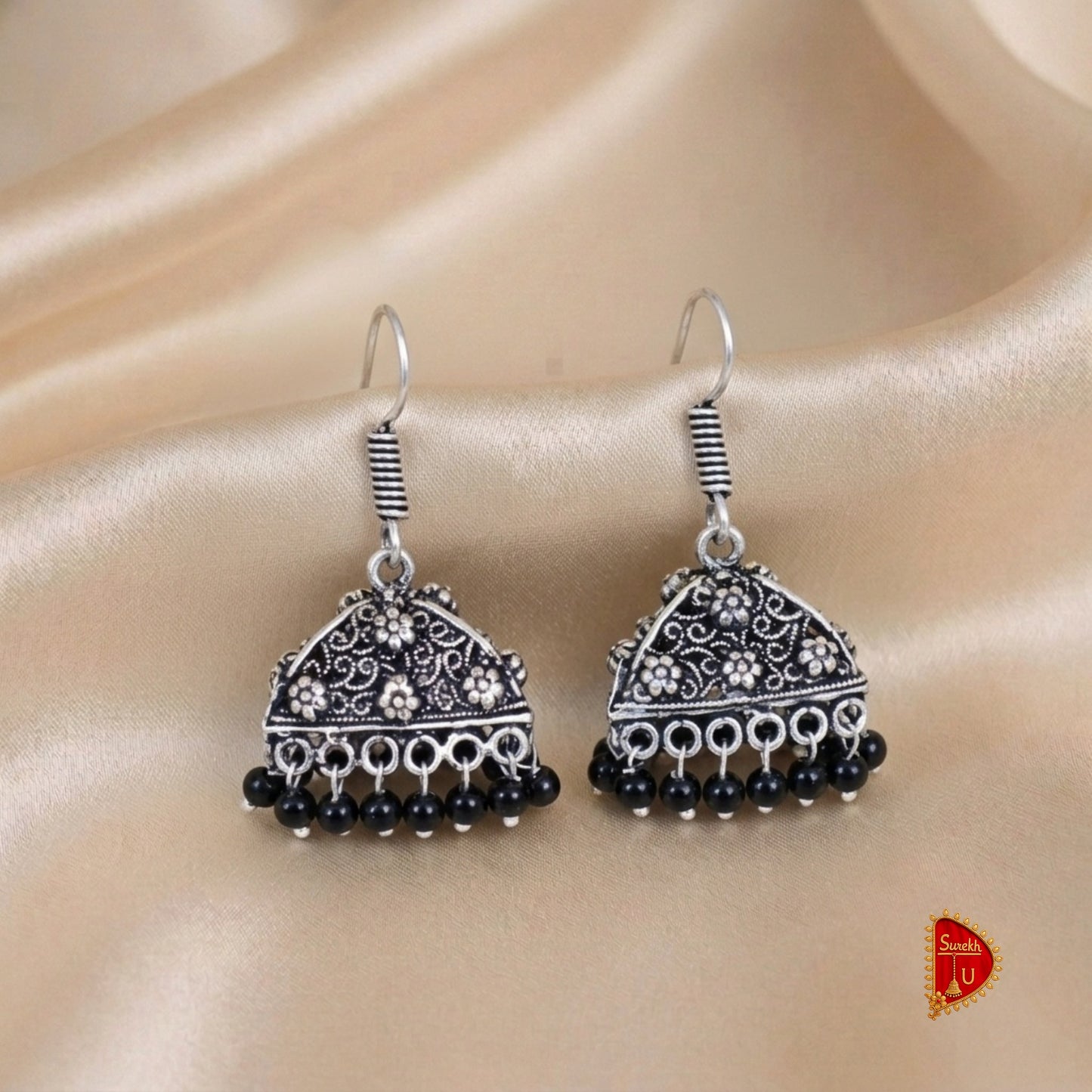 Oxidized Triangle Floral Jhumki medium