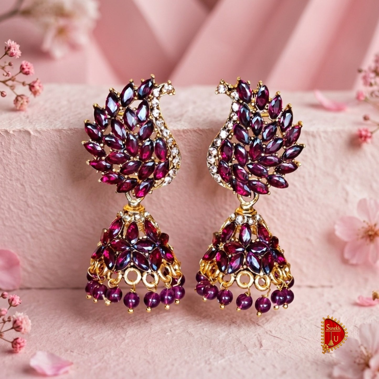 Pomogranate Wine Peacock Jhumki