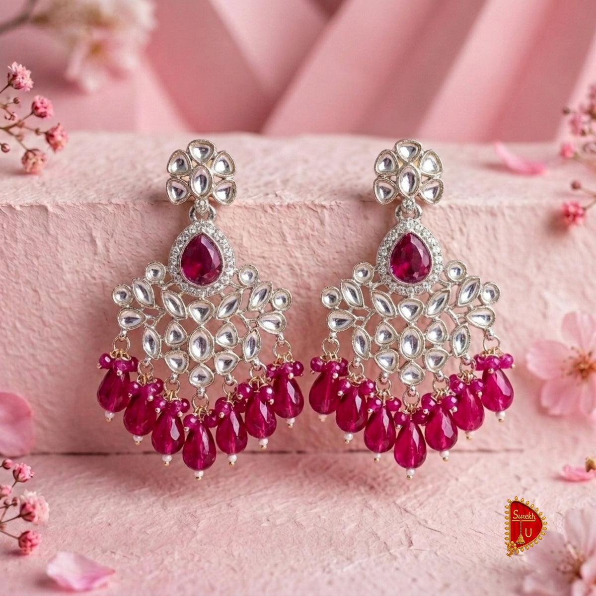 Rani Pink Kundan Beads Chandbali