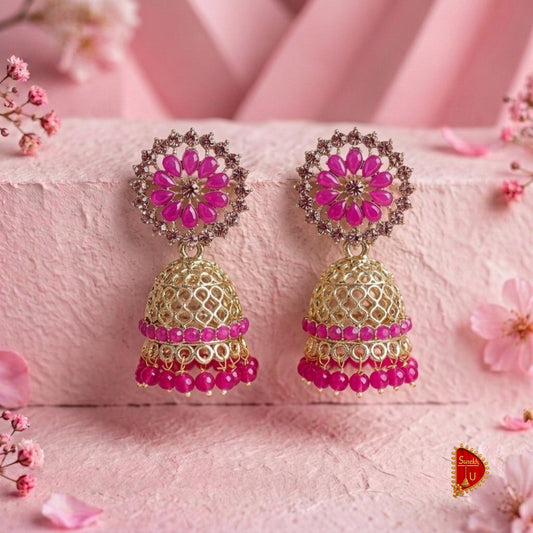 Pink Rosegold Floral Jaali Jhumki