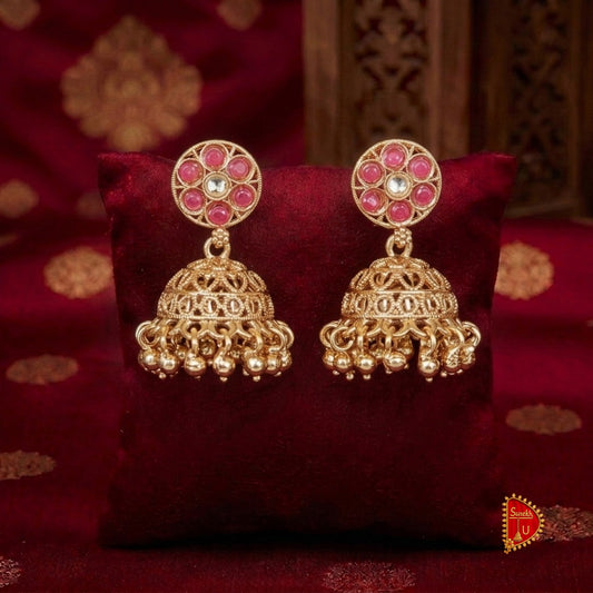 Rani Pink Golden Floral Jhumki medium
