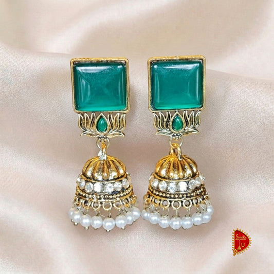 Bottle Green Square Lotus Jhumki
