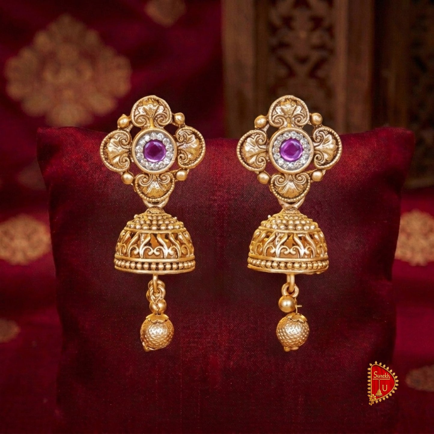 Antique Gold Pink Stud Jhumki