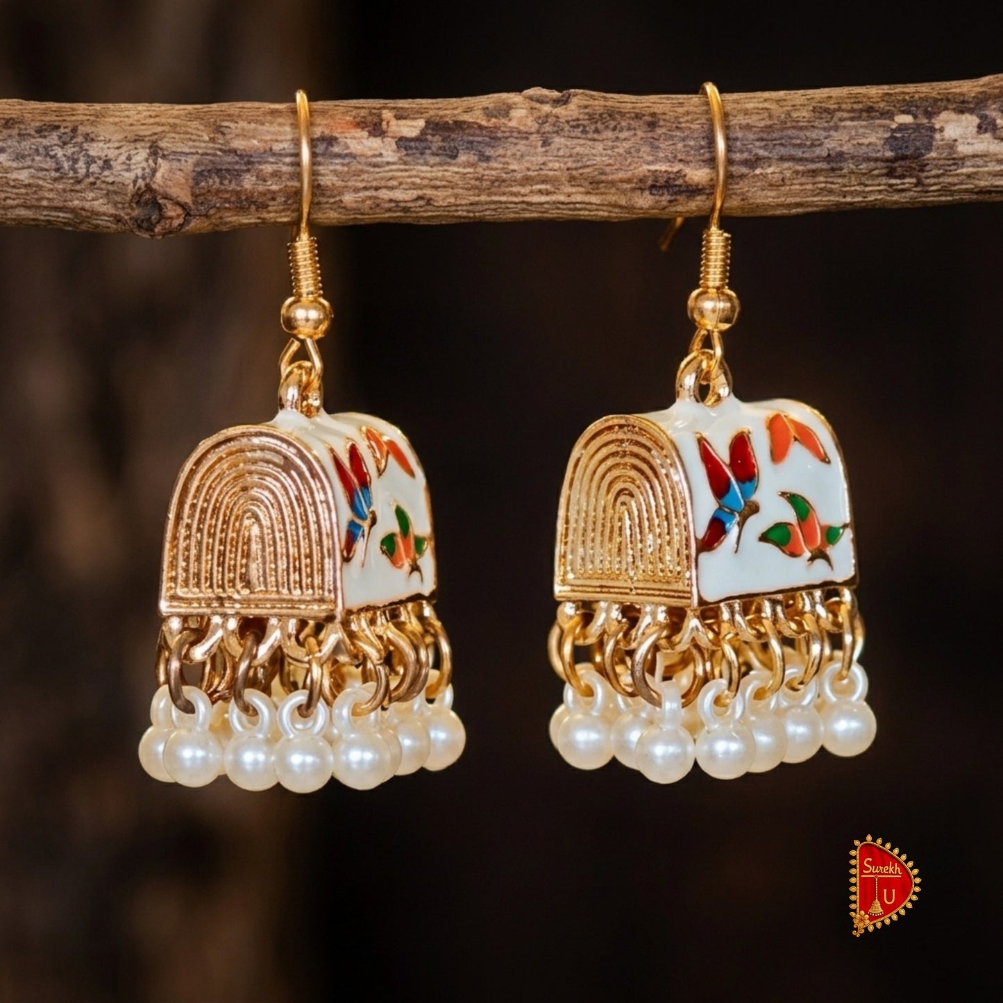 White Meenakari medium Jhumki