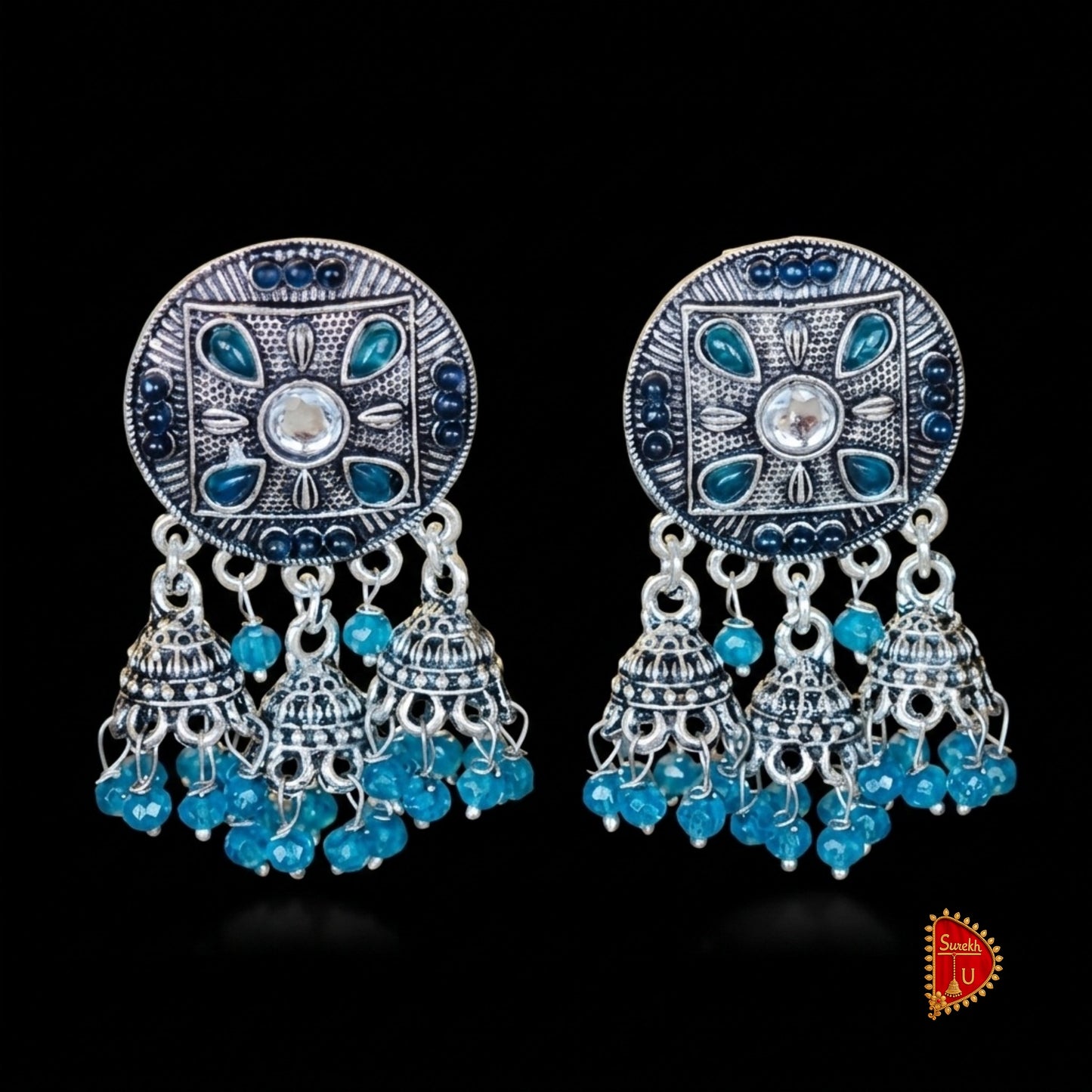 Rama Blue Oxidized Round Jhumki