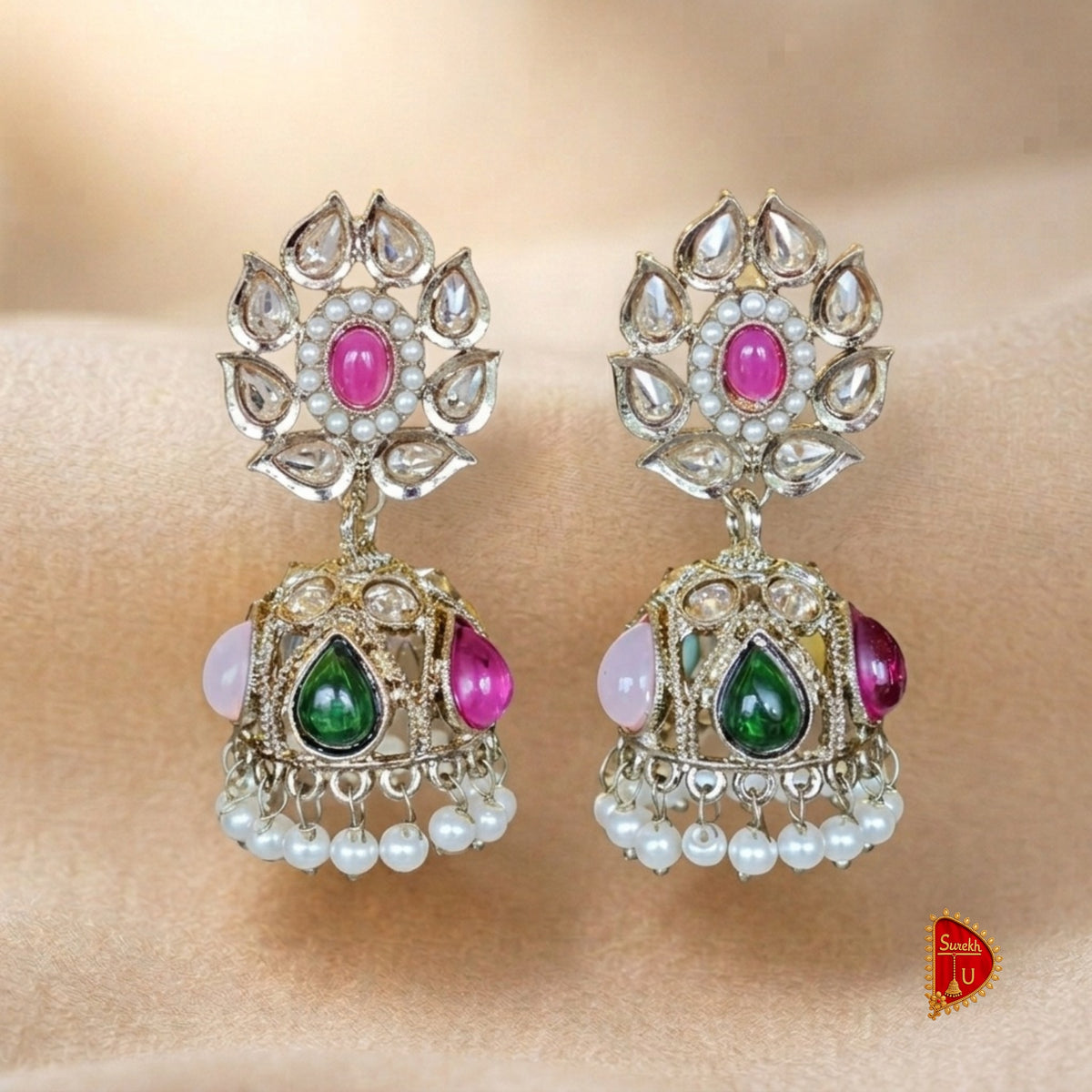 Multicoloured Royal Pink Stud Jhumki