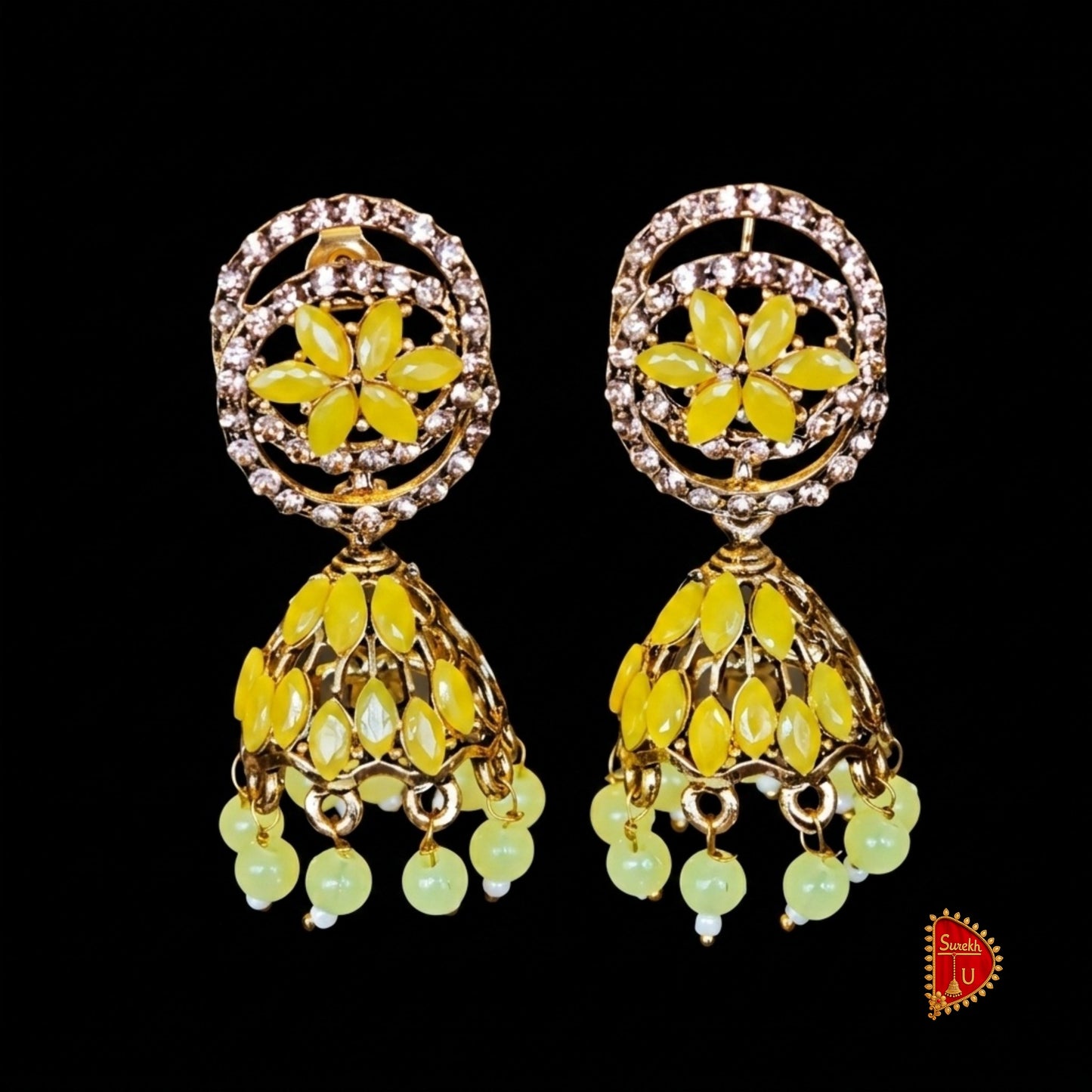 Yellow Rosegold Stones Jhumki