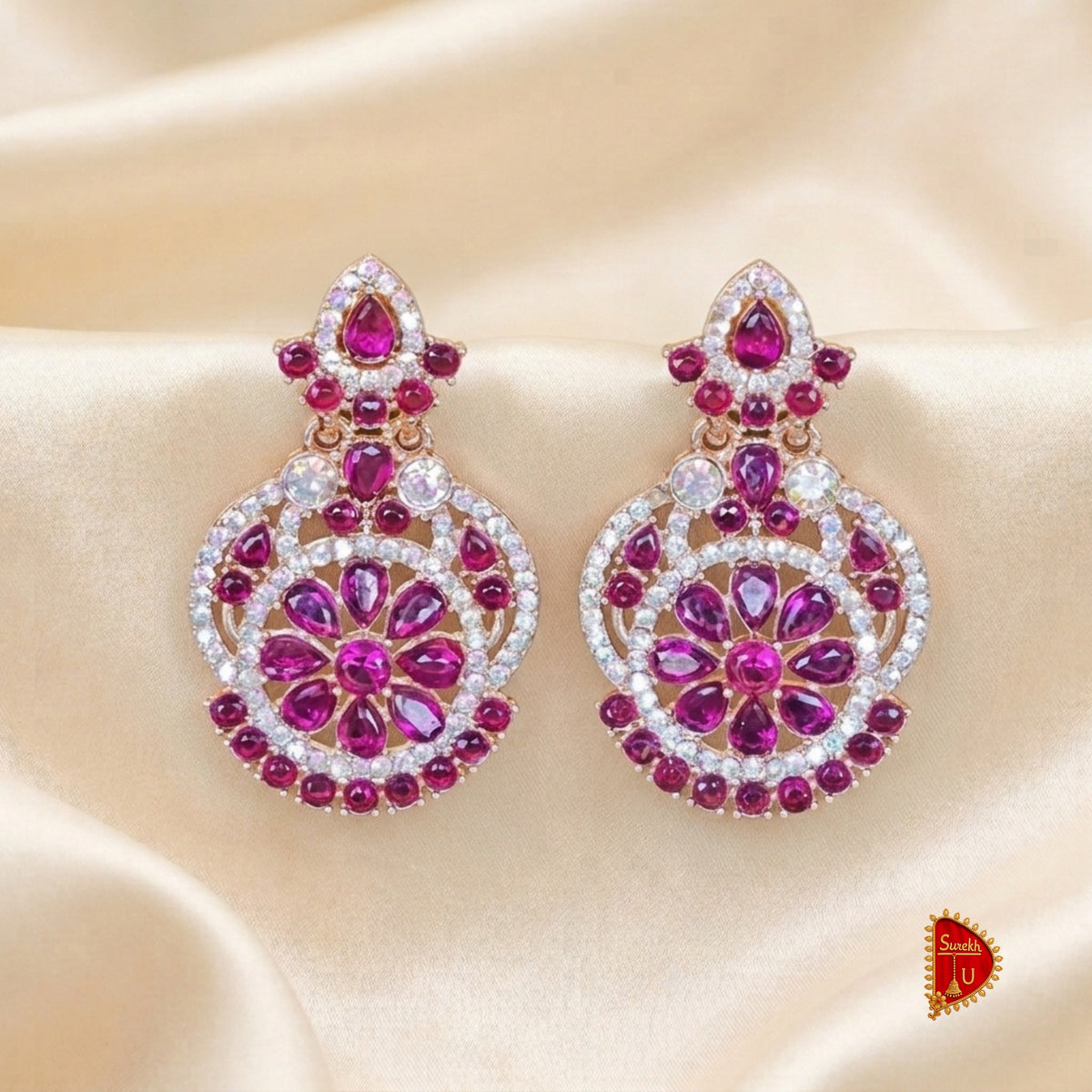 Pink Silver Stones Chandbali