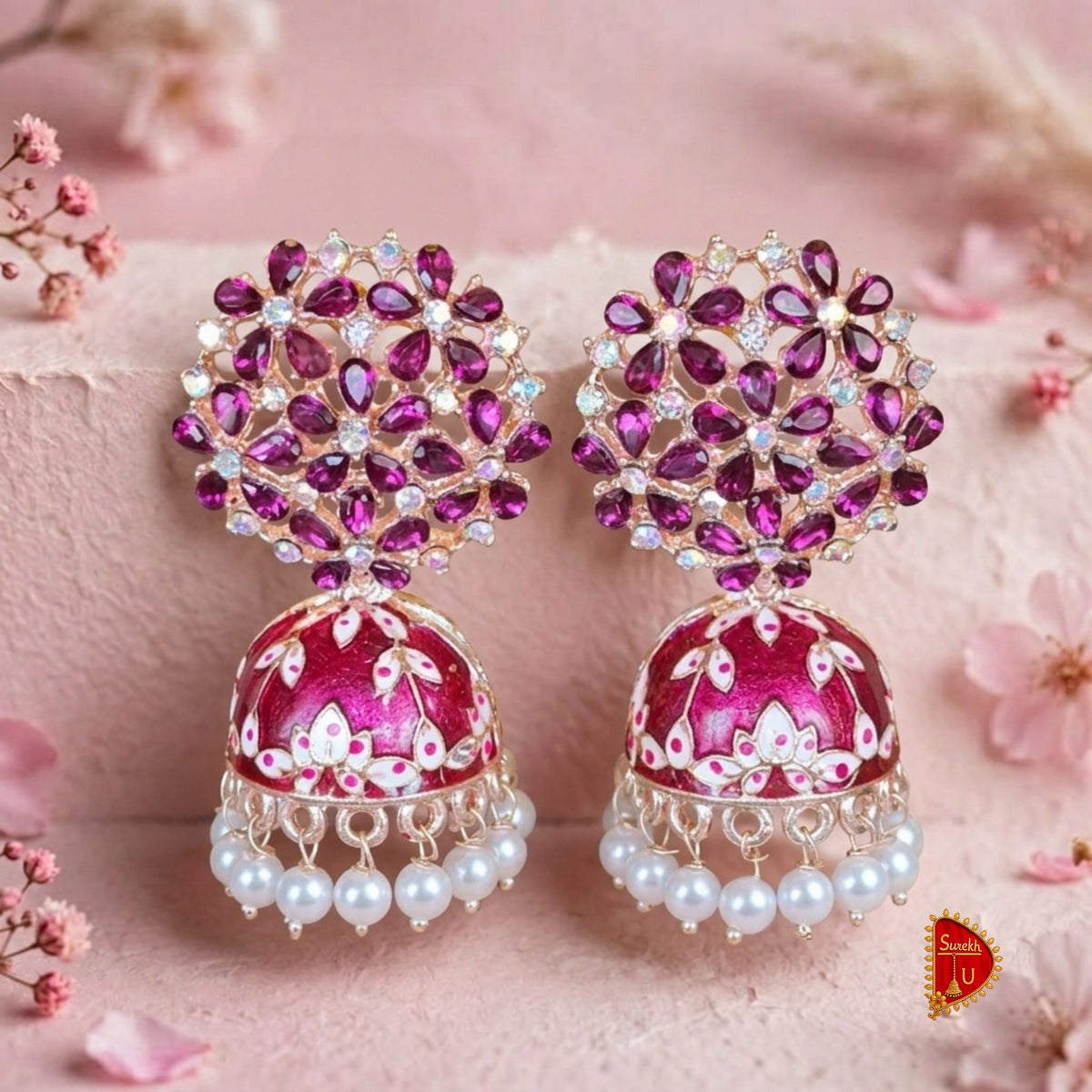 Pink Floral Meenakari Jhumki