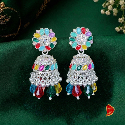 Multicoloured  Silver Floral Jhumki