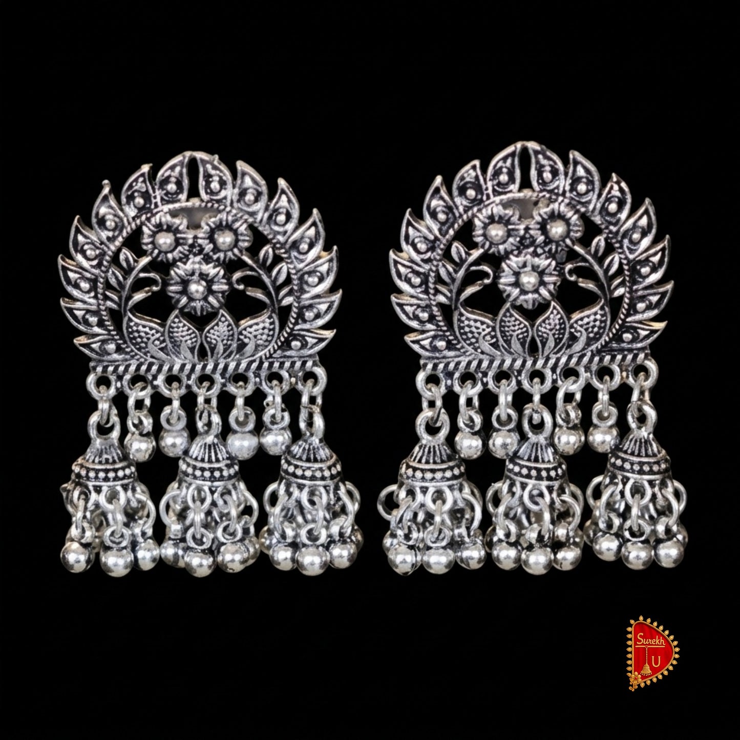 Oxidised Floral Tri Jhumkis