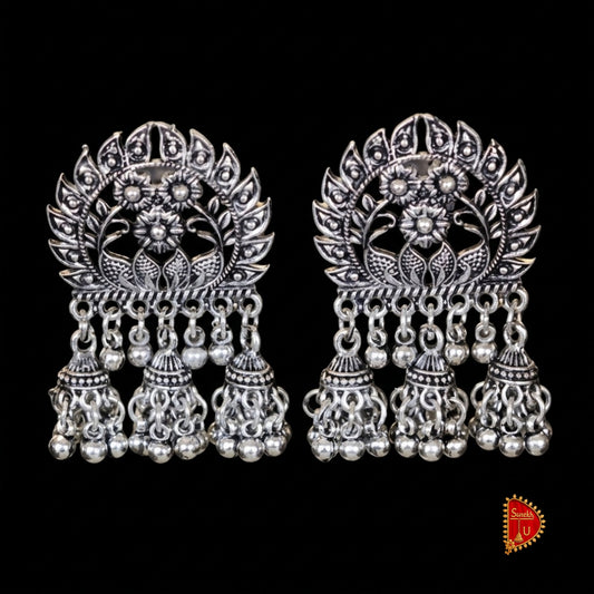 Oxidised Floral Tri Jhumkis