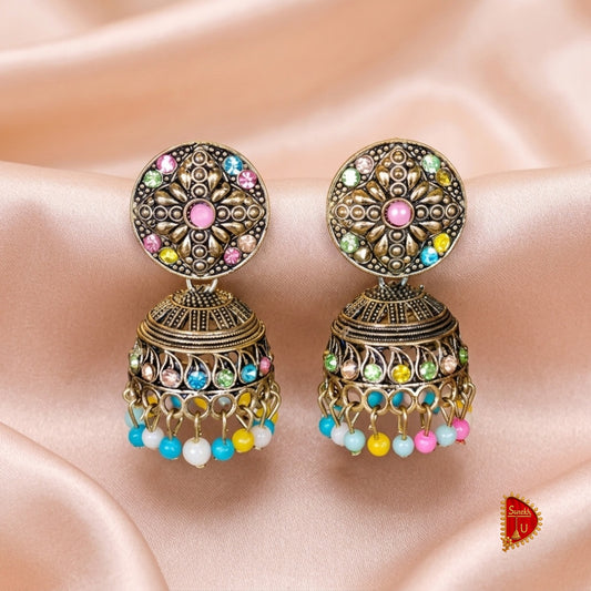 Multicoloured Antique Golden Jhumki
