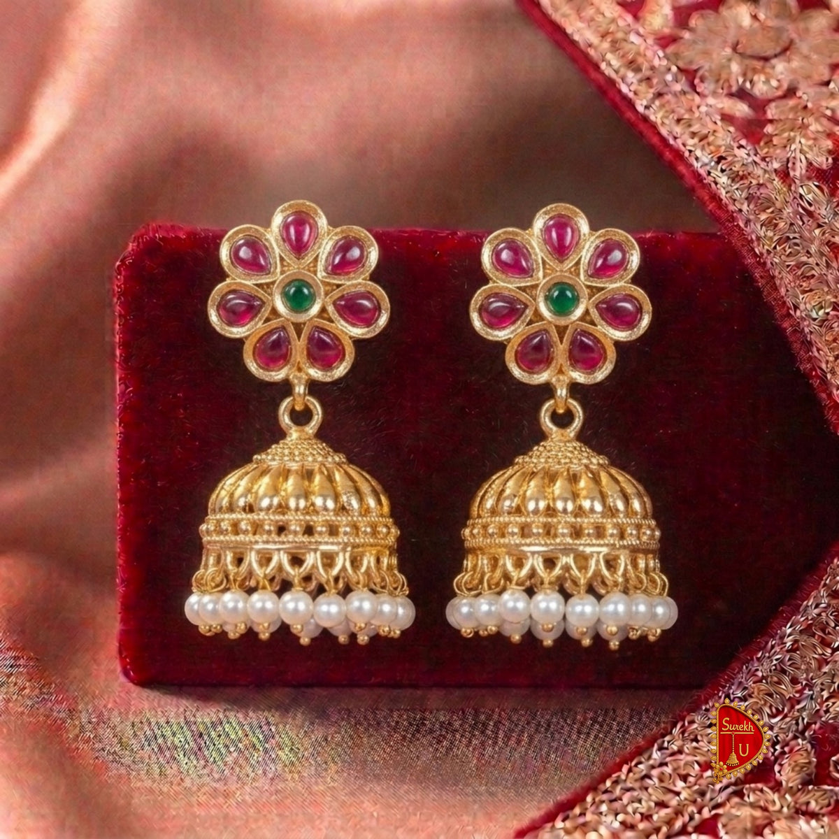 Pink Floral Golden Jhumki medium