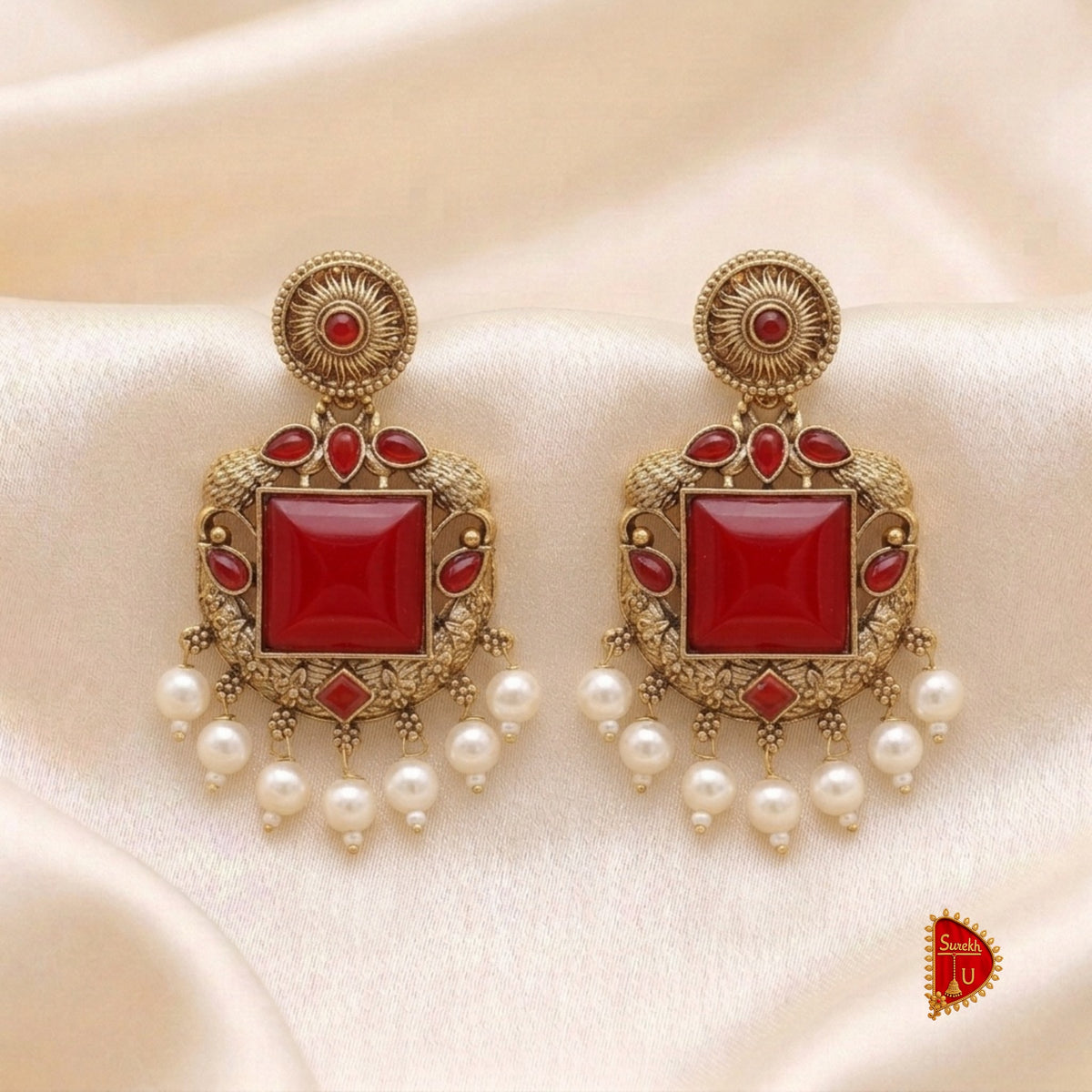 Red antique Golden Pearl Chandbali