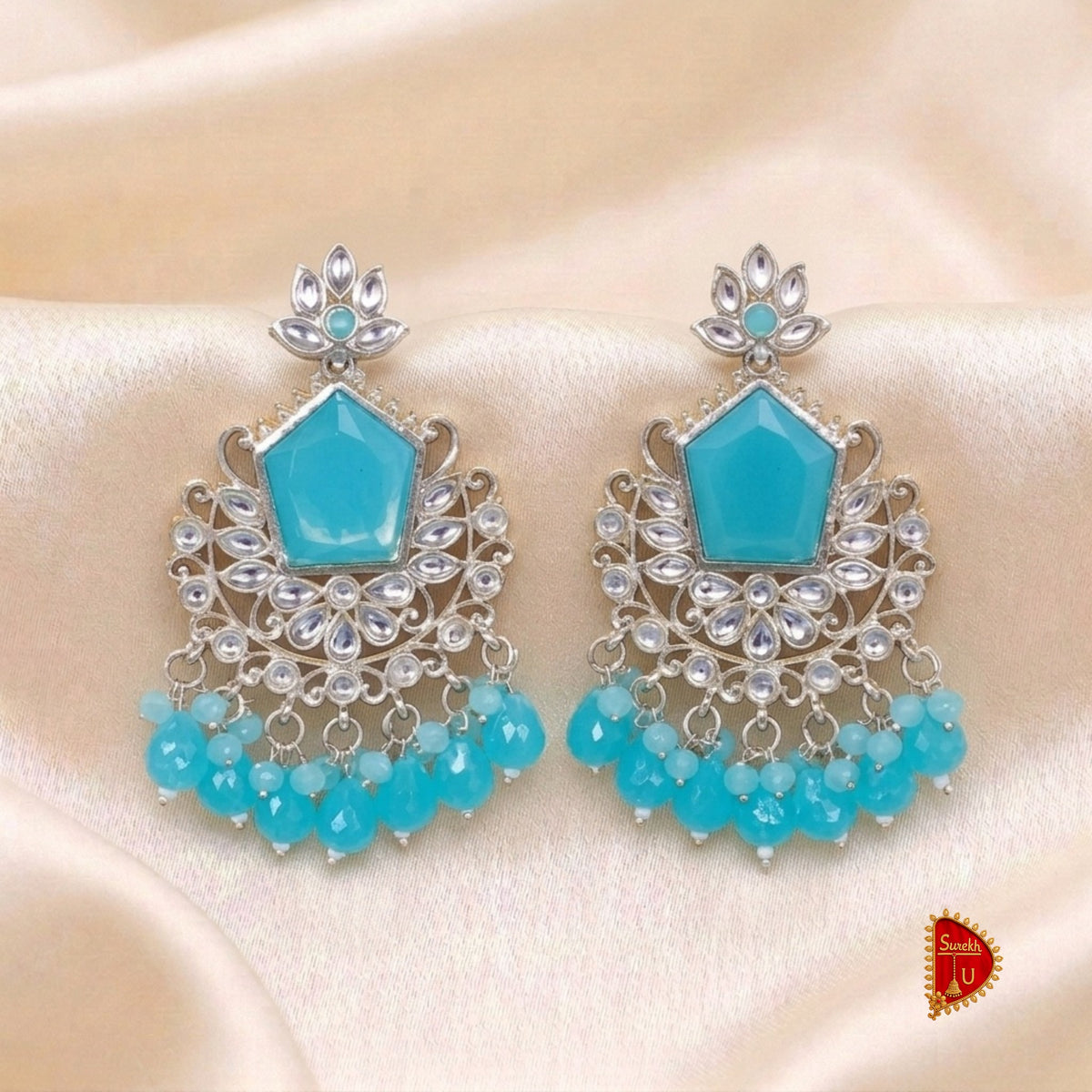 Sky Blue Floral Silver Chandbali