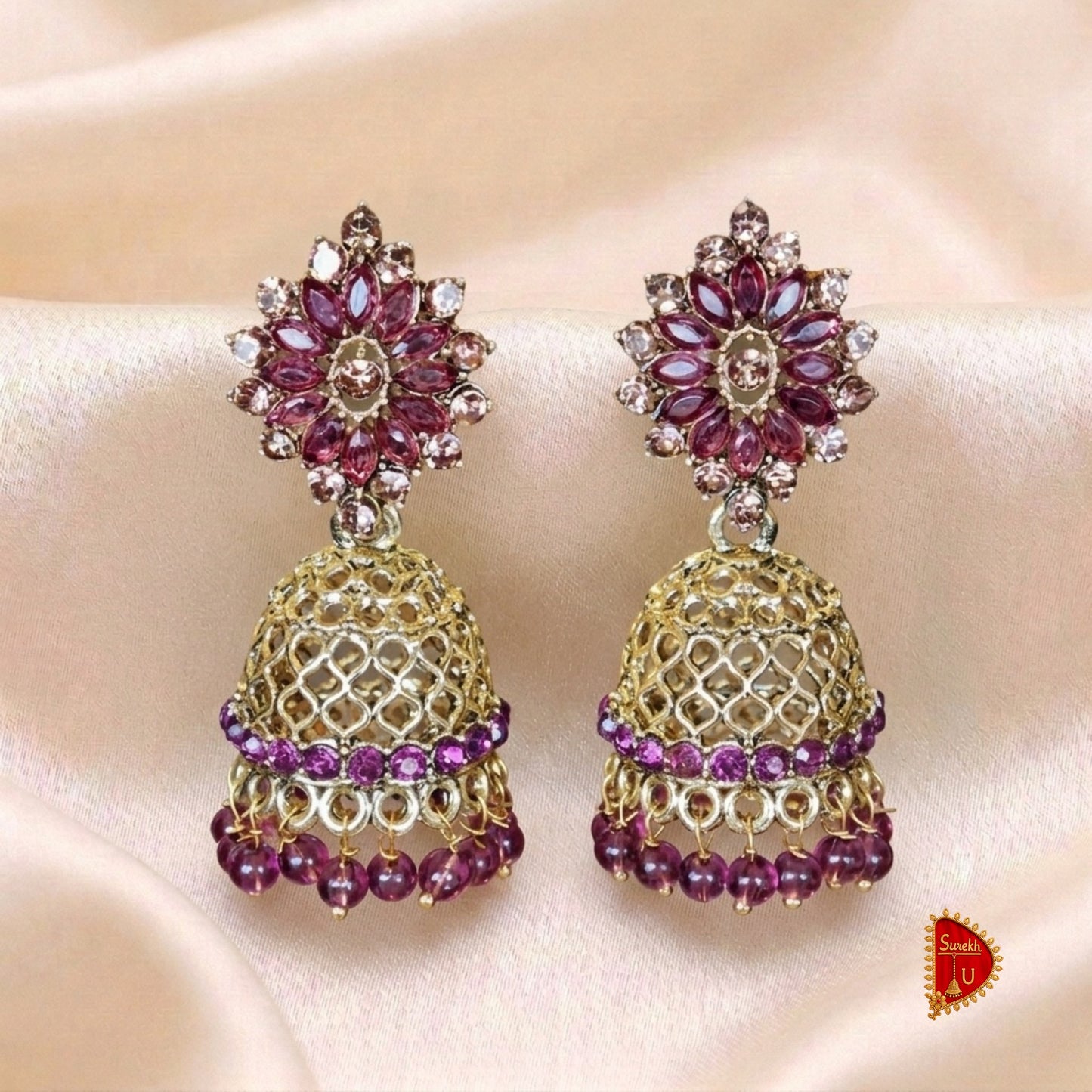 Wine Oval Rosegold Jaali Floral Jhumki
