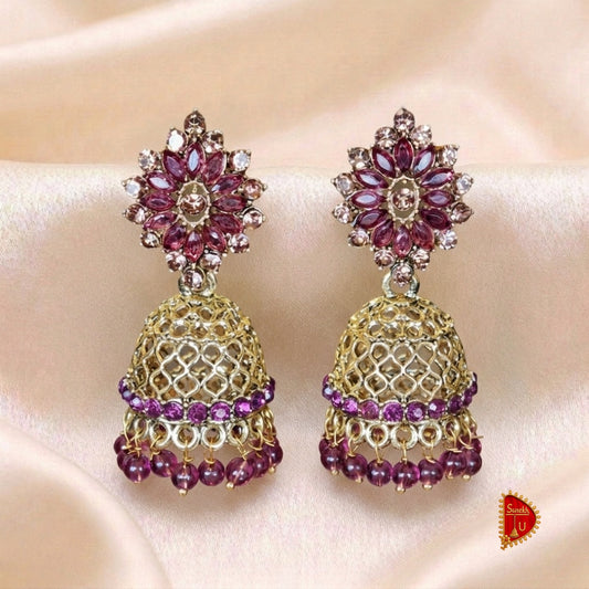 Wine Oval Rosegold Jaali Floral Jhumki
