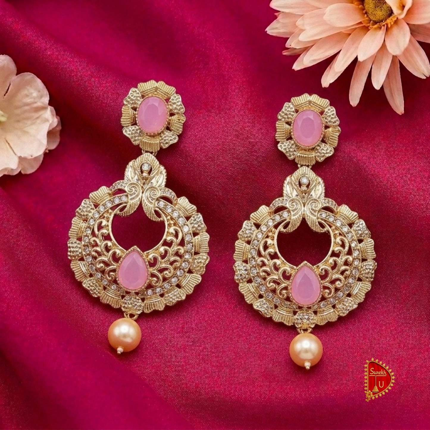Golden Baby Pink Stud Chandbali