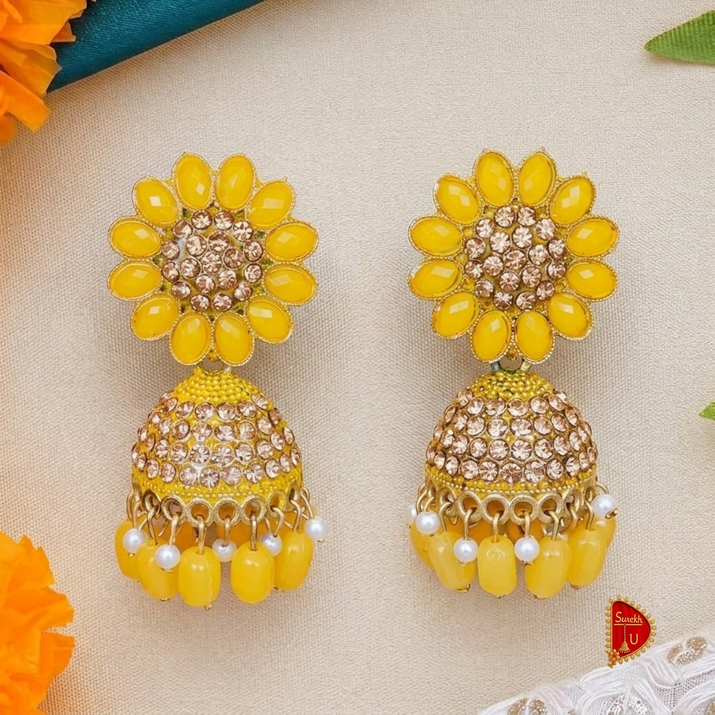 Yellow Stones Floral base Jhumki