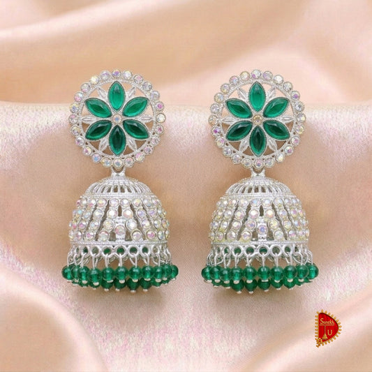 Bottle Green Silver Round Floral Jhumki