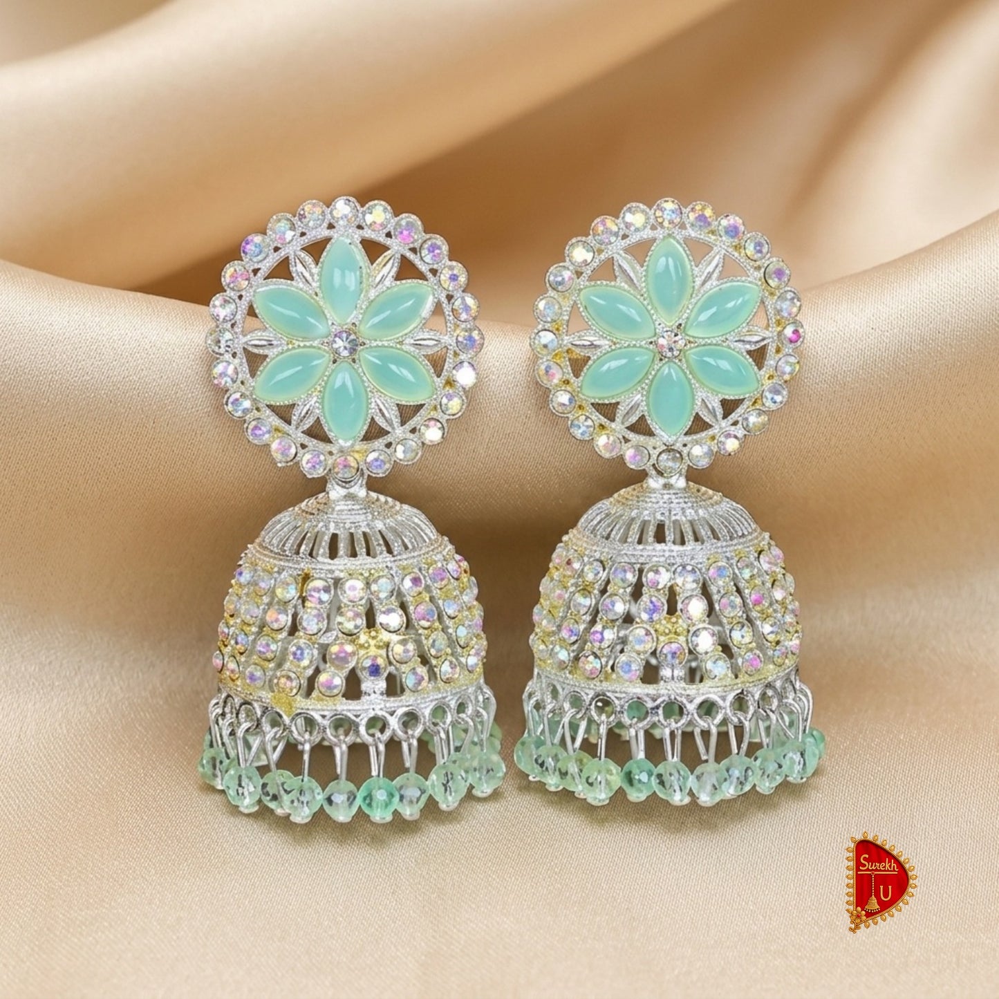 Mint Green Silver Round Floral Jhumki