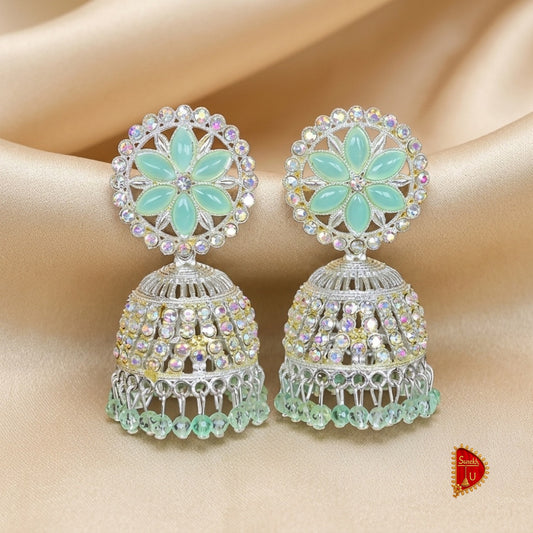Mint Green Silver Round Floral Jhumki