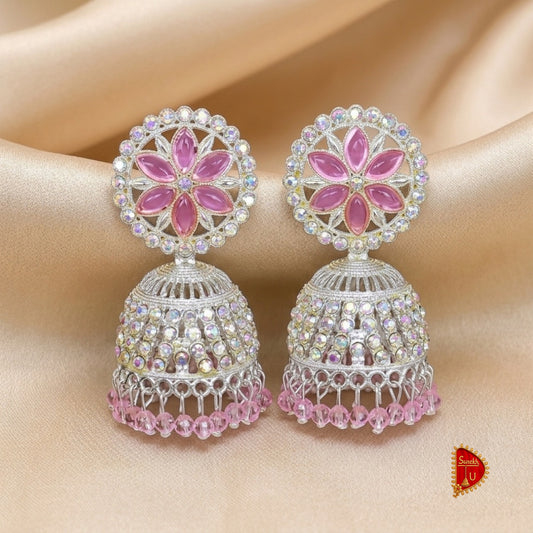 Pink Silver Round Floral Jhumki