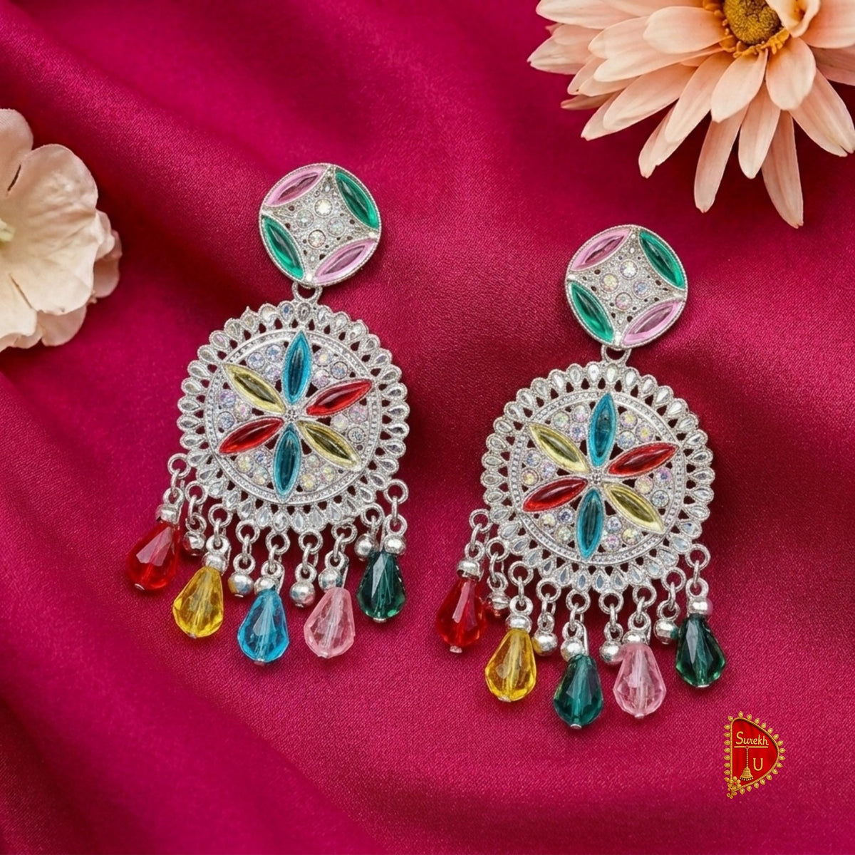 Multicoloured Floral Round Silver Dangler