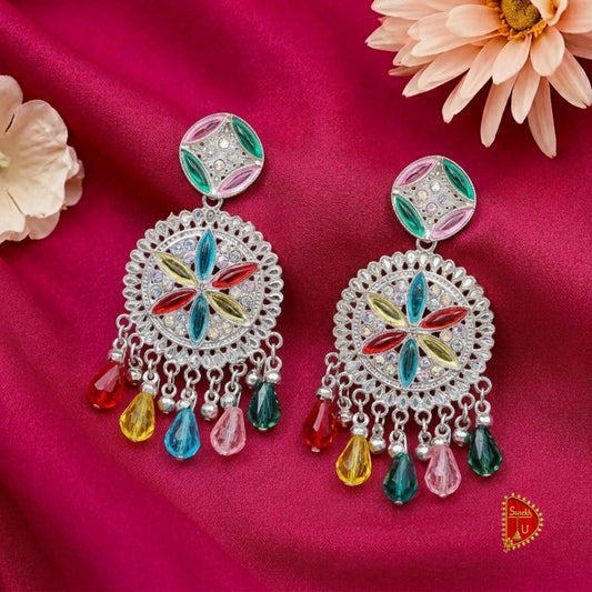 Multicoloured Floral Round Silver Dangler