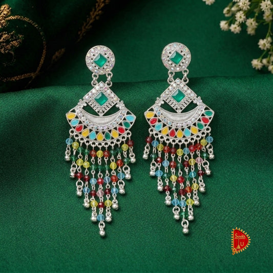 Multicoloured Silver Latkan Chandbali
