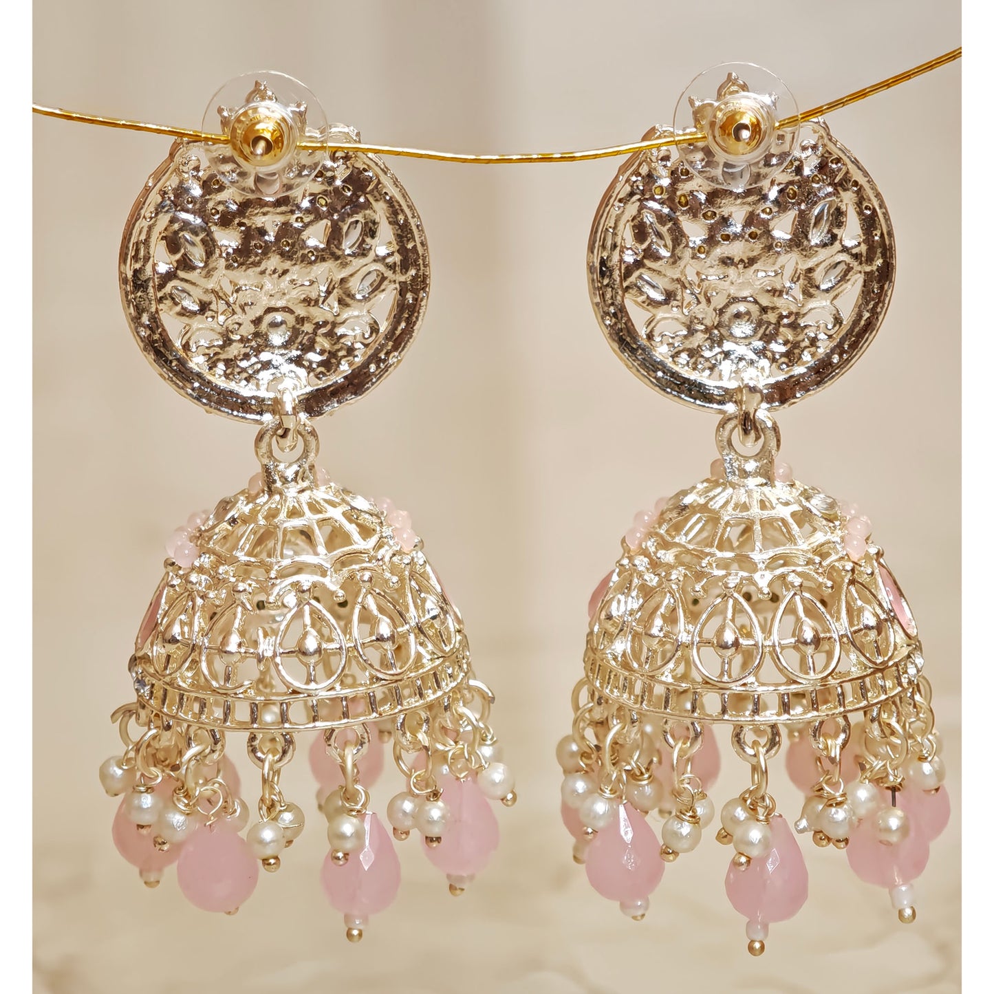 Baby Pink Silver Kundan Styled Stone Jhumki