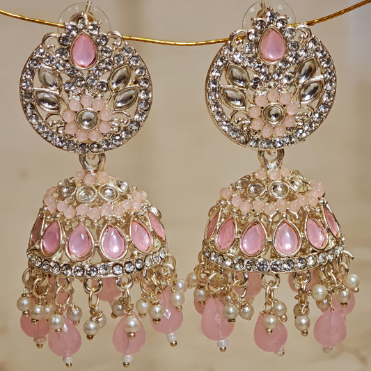 Baby Pink Silver Kundan Styled Stone Jhumki
