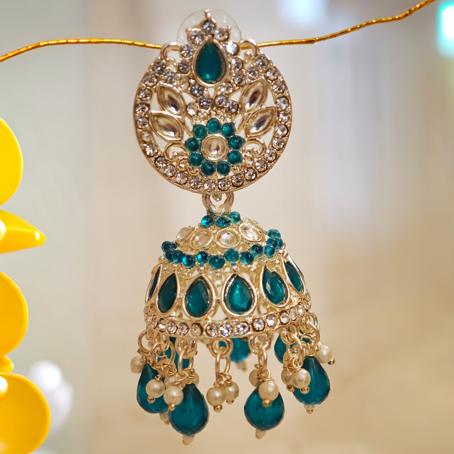 Peacock Green Silver Kundan Styled Stone Jhumki