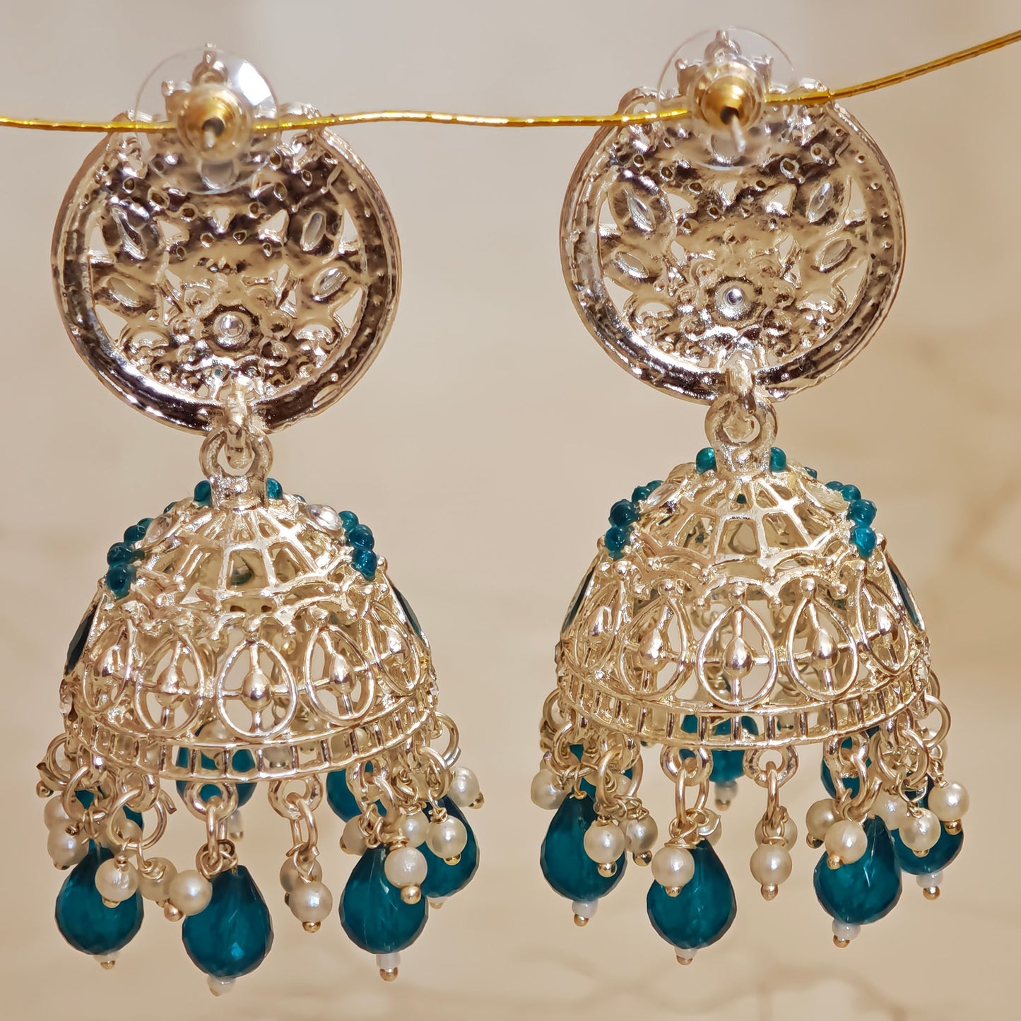Peacock Green Silver Kundan Styled Stone Jhumki