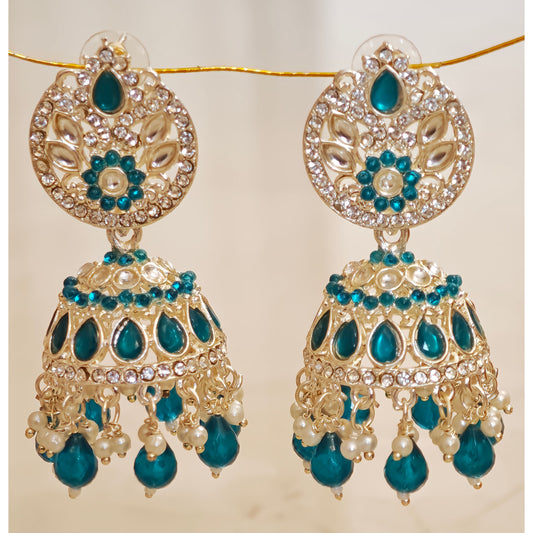 Peacock Green Silver Kundan Styled Stone Jhumki