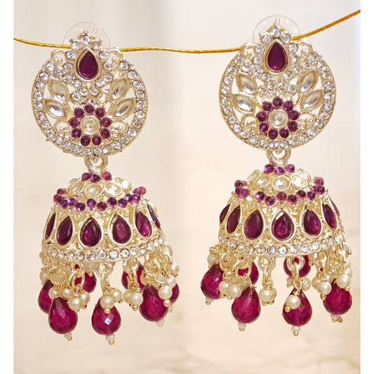 Magenta Silver Kundan Styled Stone Jhumki