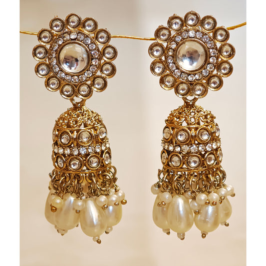 Kundan Pearl Floral Antique Gold Jhumki
