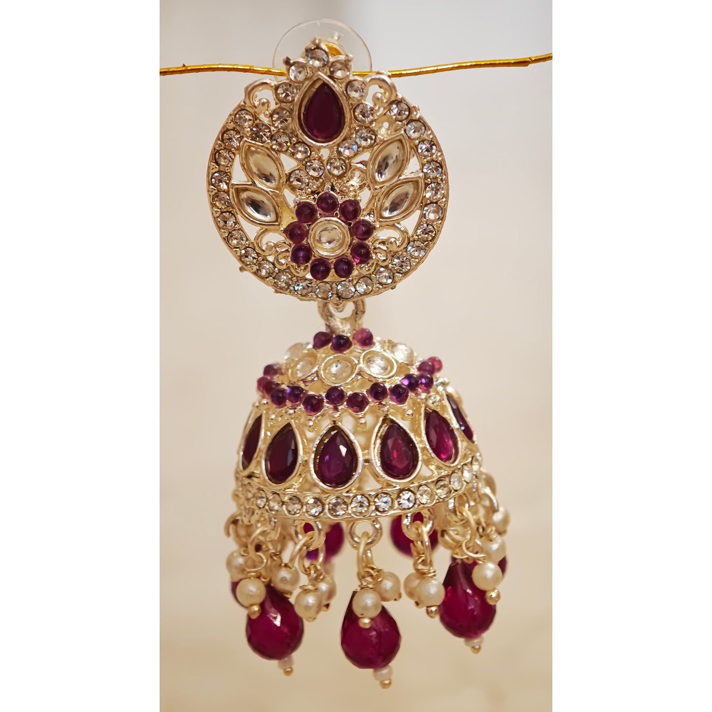 Magenta Silver Kundan Styled Stone Jhumki