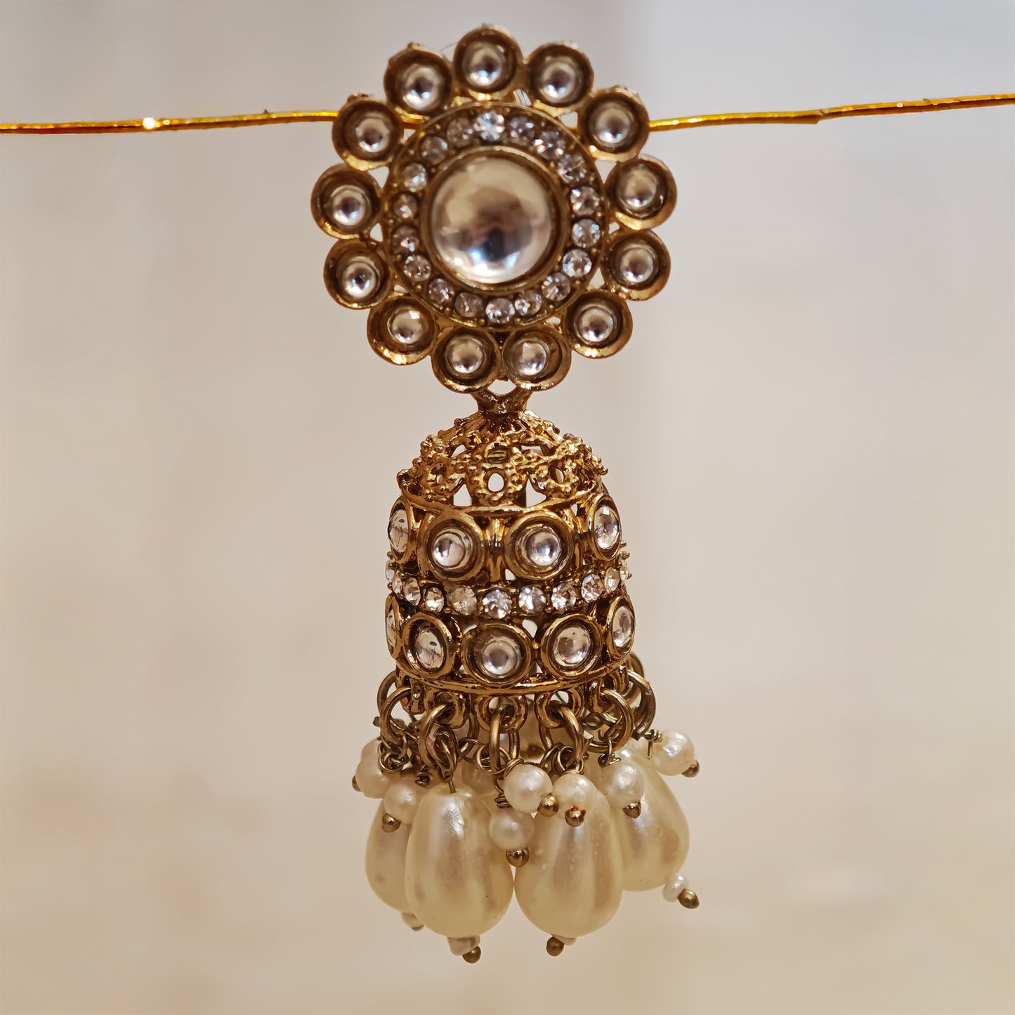 Kundan Pearl Floral Antique Gold Jhumki