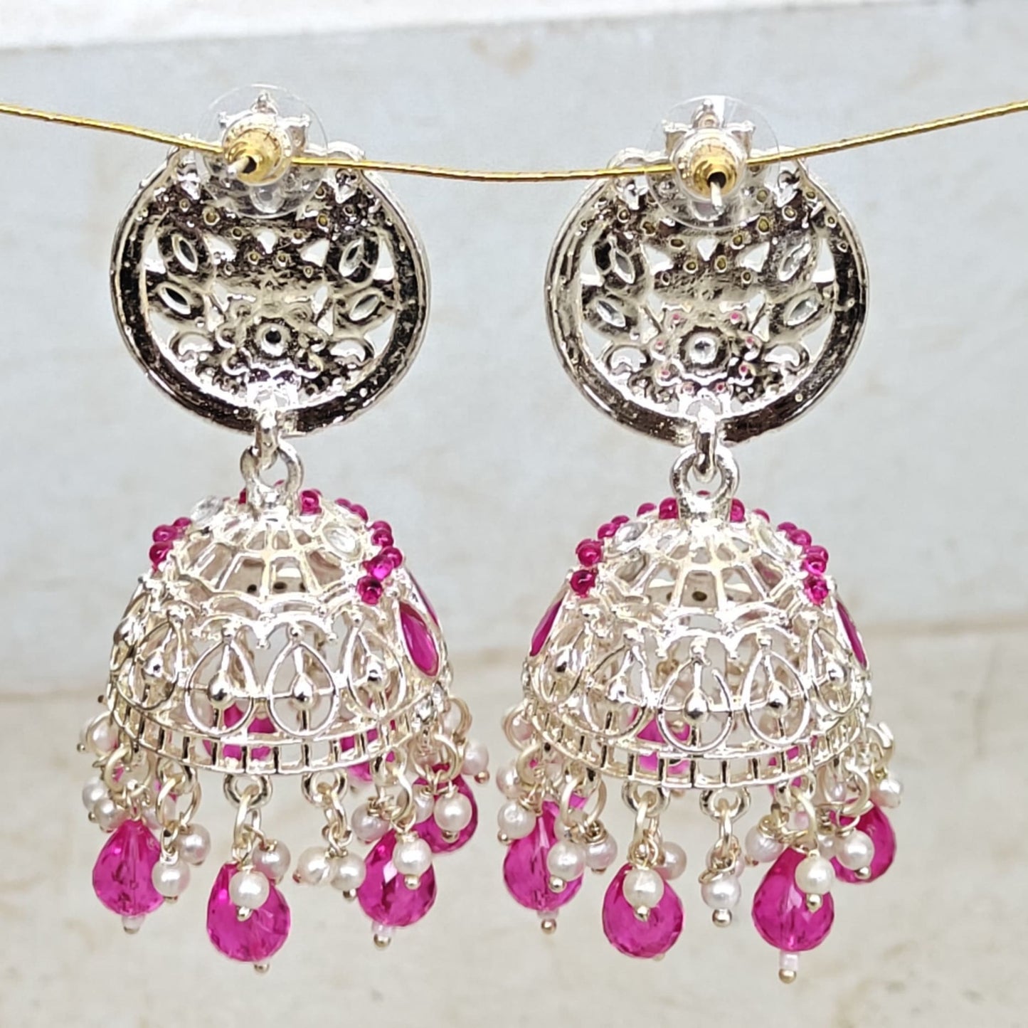 Rani Pink Silver Kundan Styled Stone Jhumki